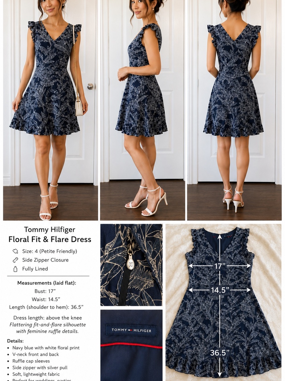 Tommy Hilfiger Navy Tropical Palm Print Fit & Flare Dress Size 4 Ruffle Sleeve